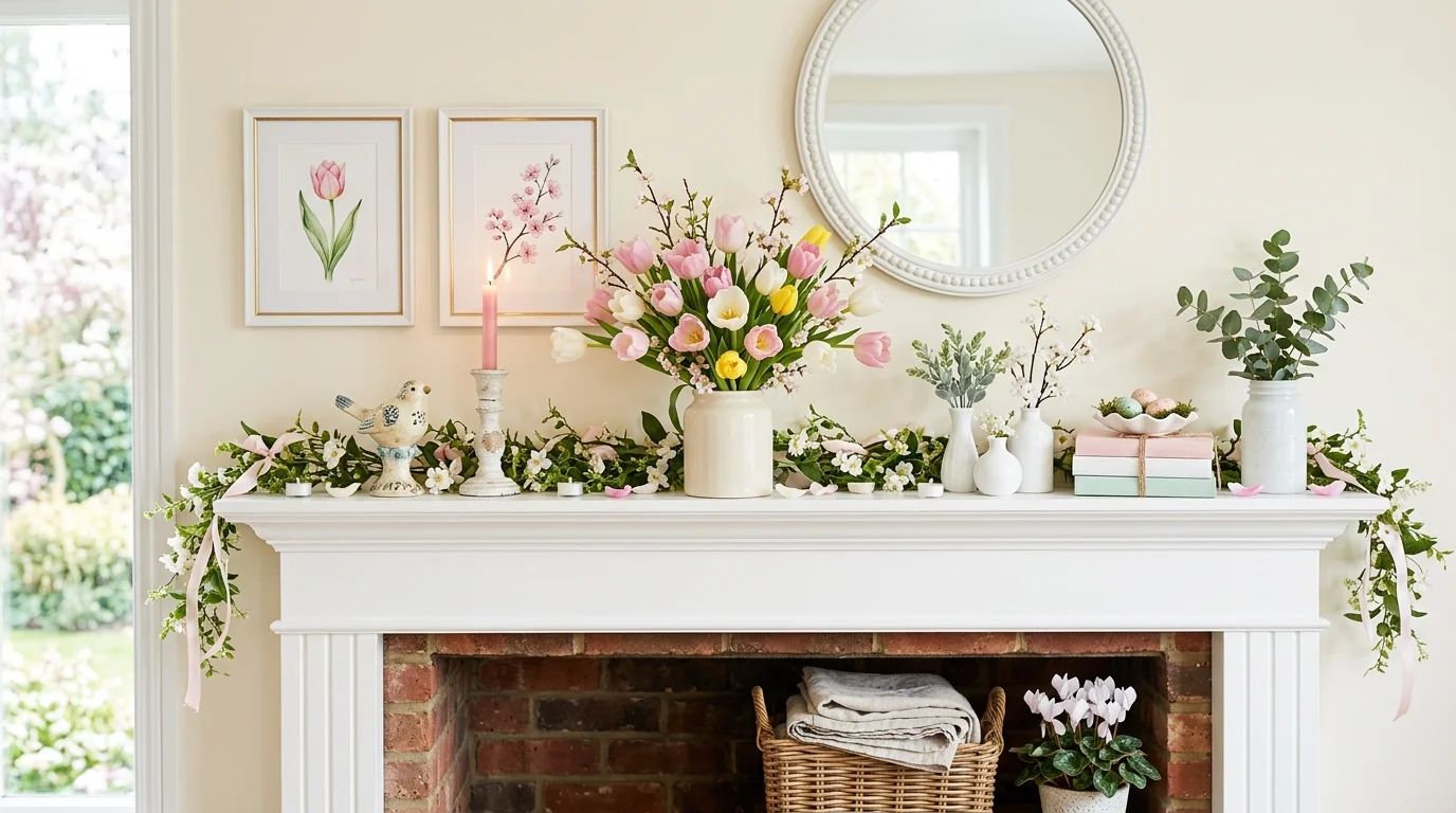 Mantel with eucalyptus stems, pale vases, and a soft airy spring palette.