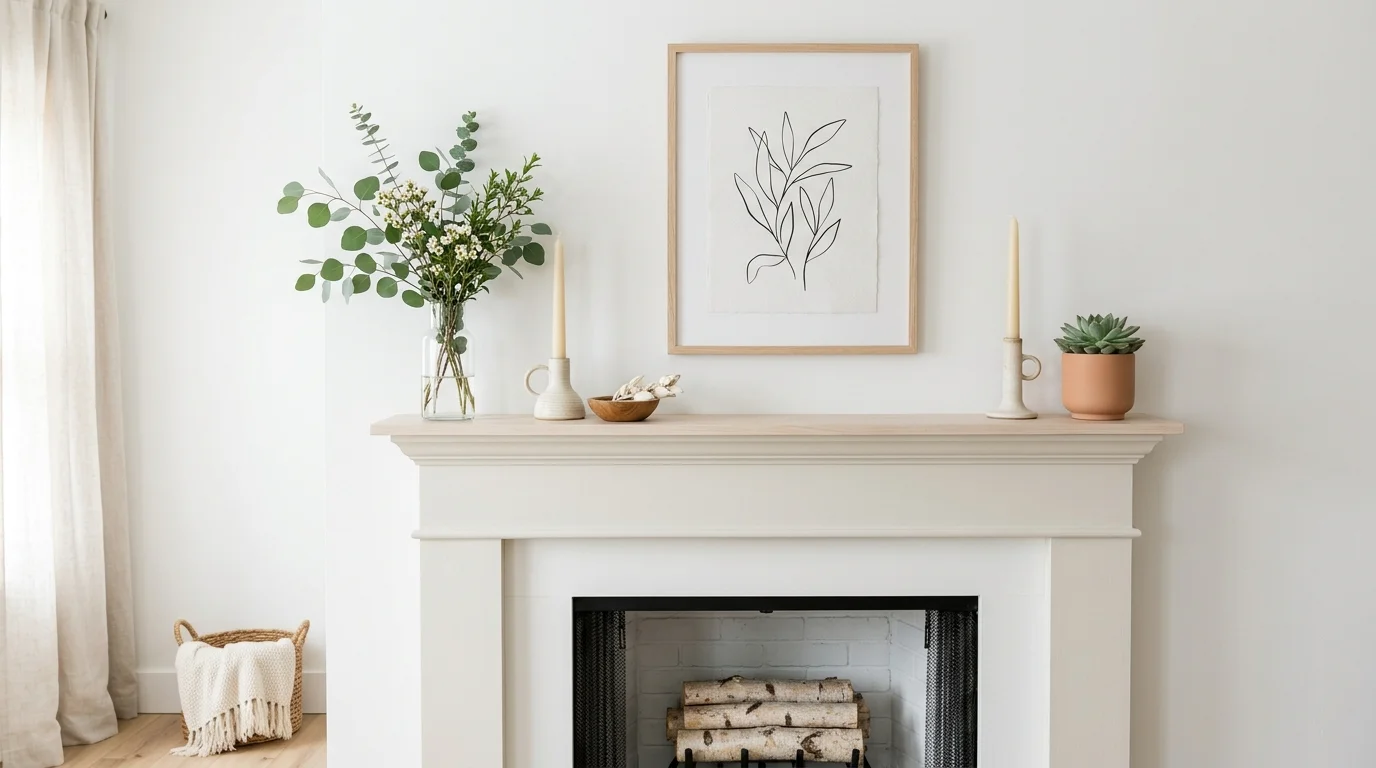 Spring fireplace mantel with pastel decor, floral art, and a charming cottage mood.