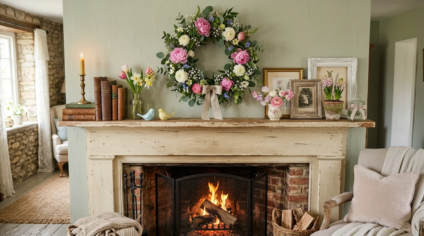 Simple spring mantel with greenery, candles, and uncluttered bright styling.