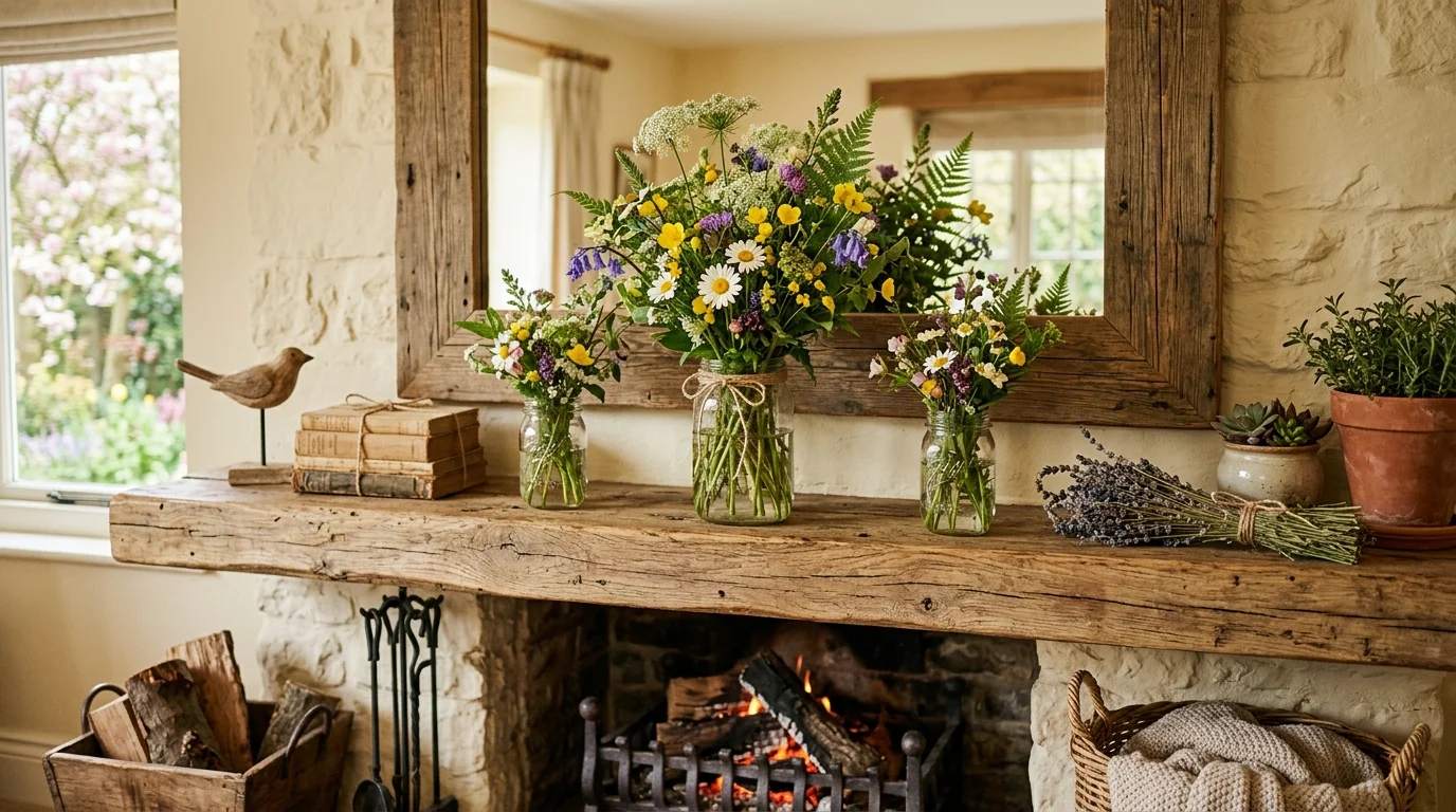 Mantel with potted flowers, botanical touches, and a fresh garden-room atmosphere.