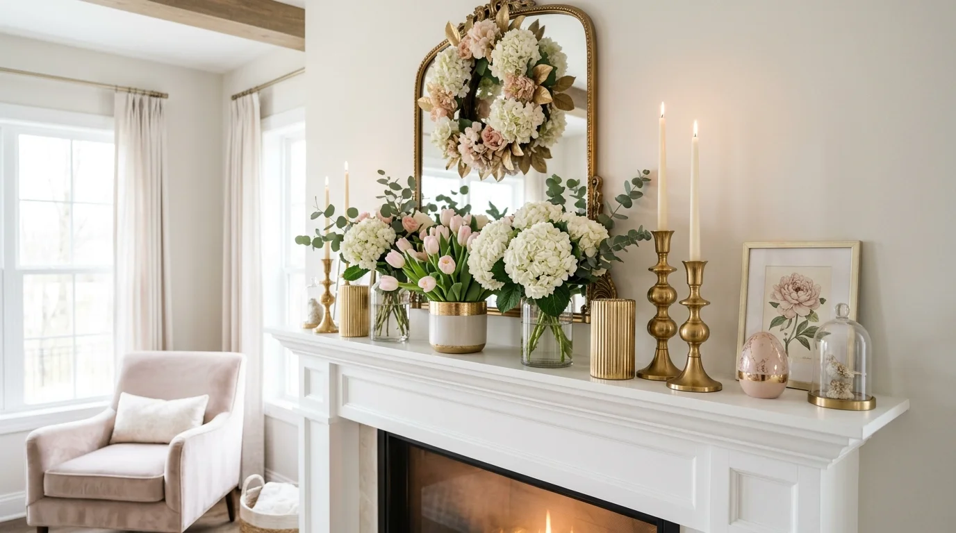 Spring mantel with lanterns, white pitchers, and soft farmhouse seasonal decor.