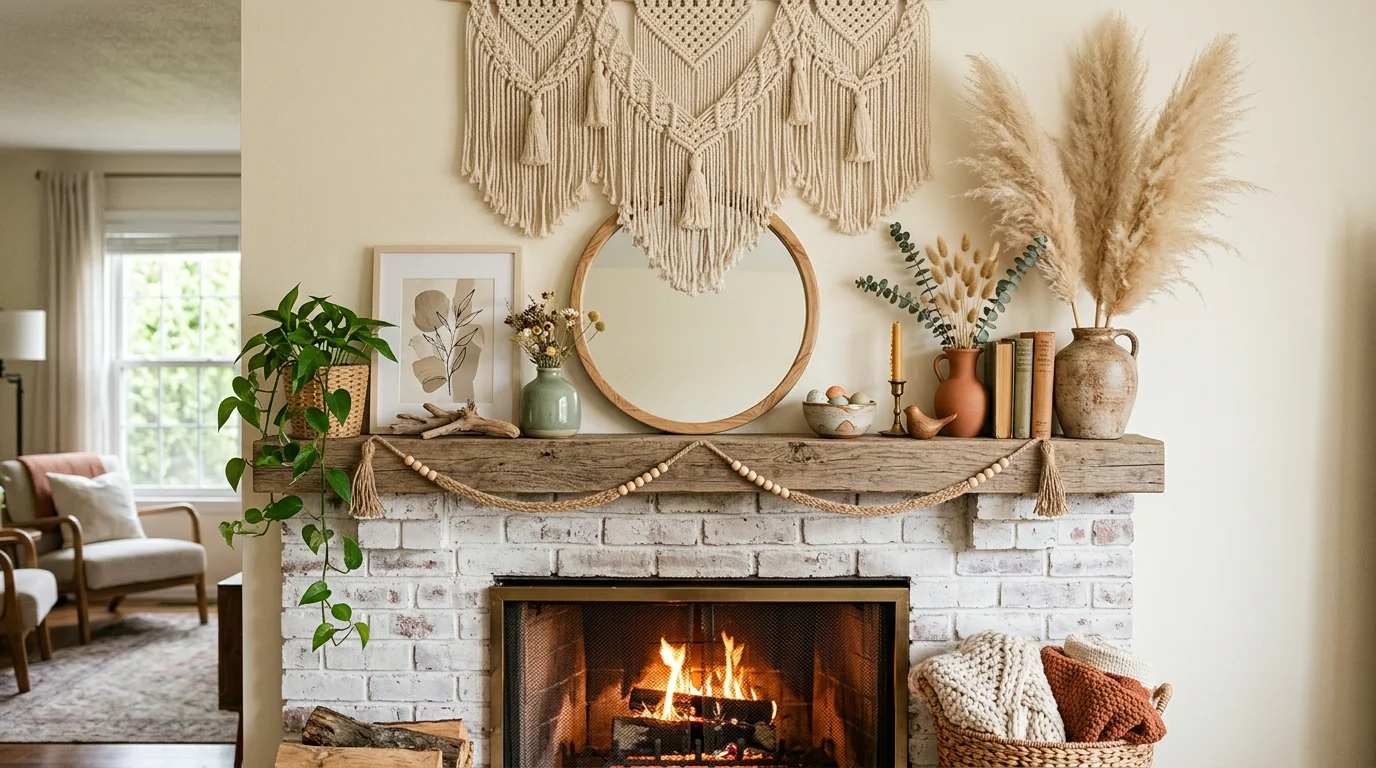 Spring mantel with leaning artwork, greenery, and light collected seasonal styling.
