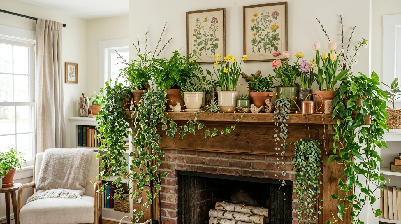 Mantel with tulips, pale ceramics, and bright cheerful spring color.