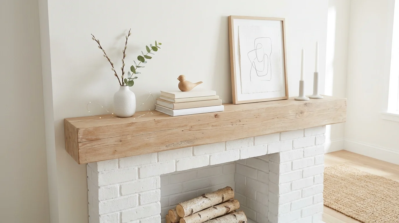 Fireplace mantel with blue and white accents, flowers, and bright classic styling.