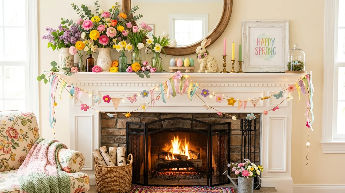Soft spring mantel with blush florals, candles, and a romantic fresh look.