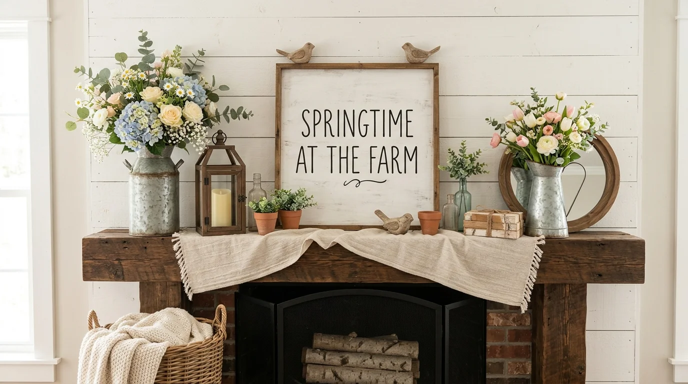 Mantel with botanical prints, greenery, and a light nature-inspired spring mood.