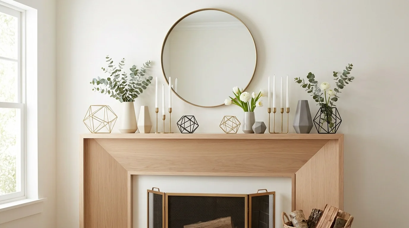 Spring mantel with pale blue accents, natural textures, and a breezy seaside freshness.