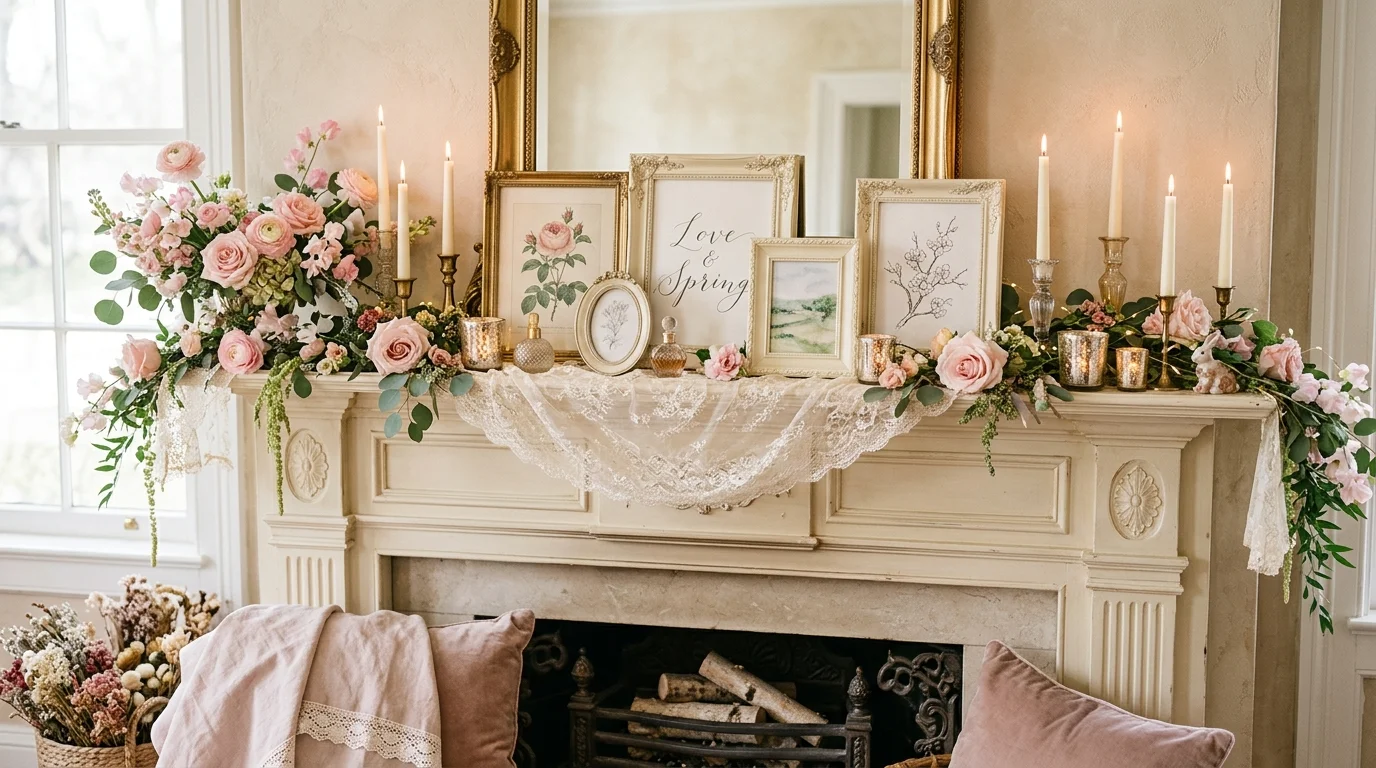 Fireplace with white decor, fresh blooms, and a refined bright seasonal finish.