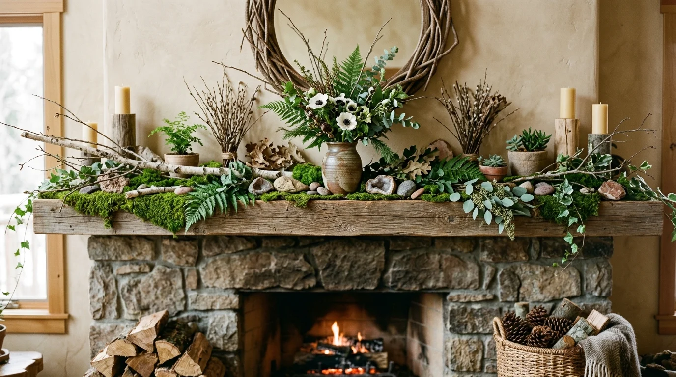 Mantel with woven details, greenery, and relaxed spring layering.