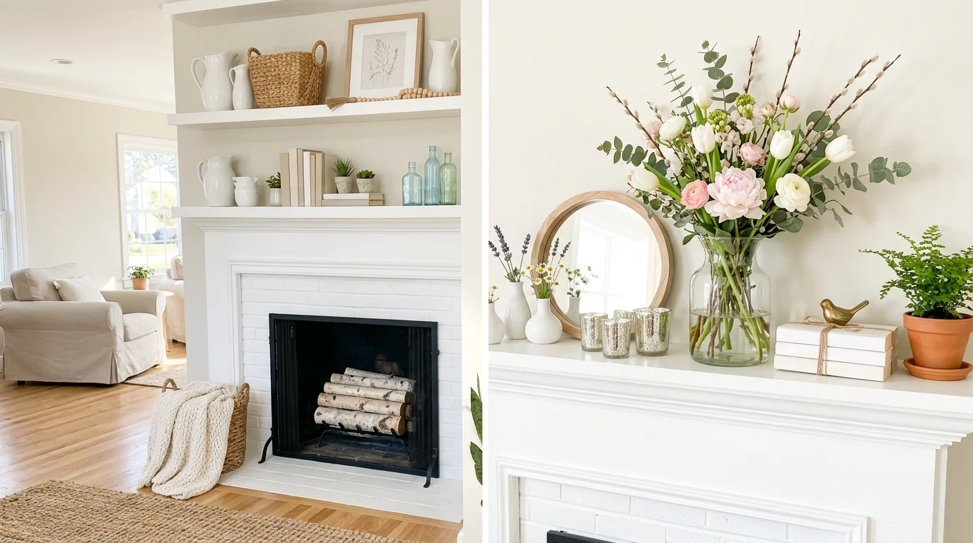 Bright spring mantel glowing in morning light with fresh flowers and airy styling.