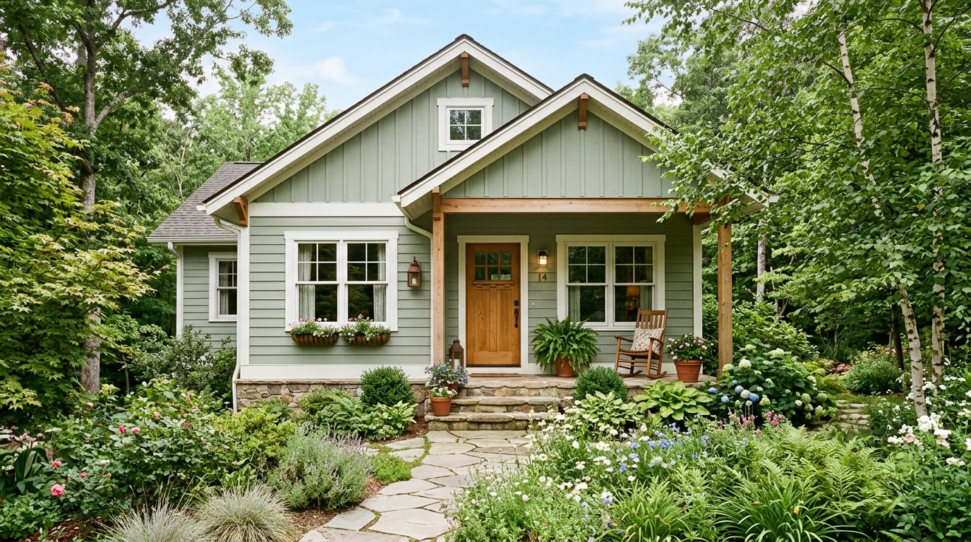 Green house exterior with sage siding, white trim, stone path, and soft landscaping.