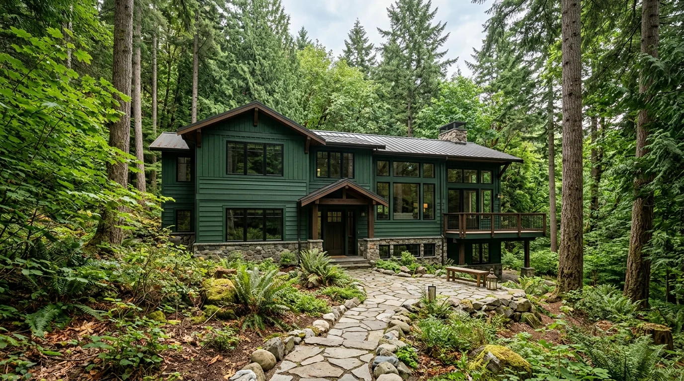 Olive green house exterior with stone base, dark roof, and layered shrubs at the entry.