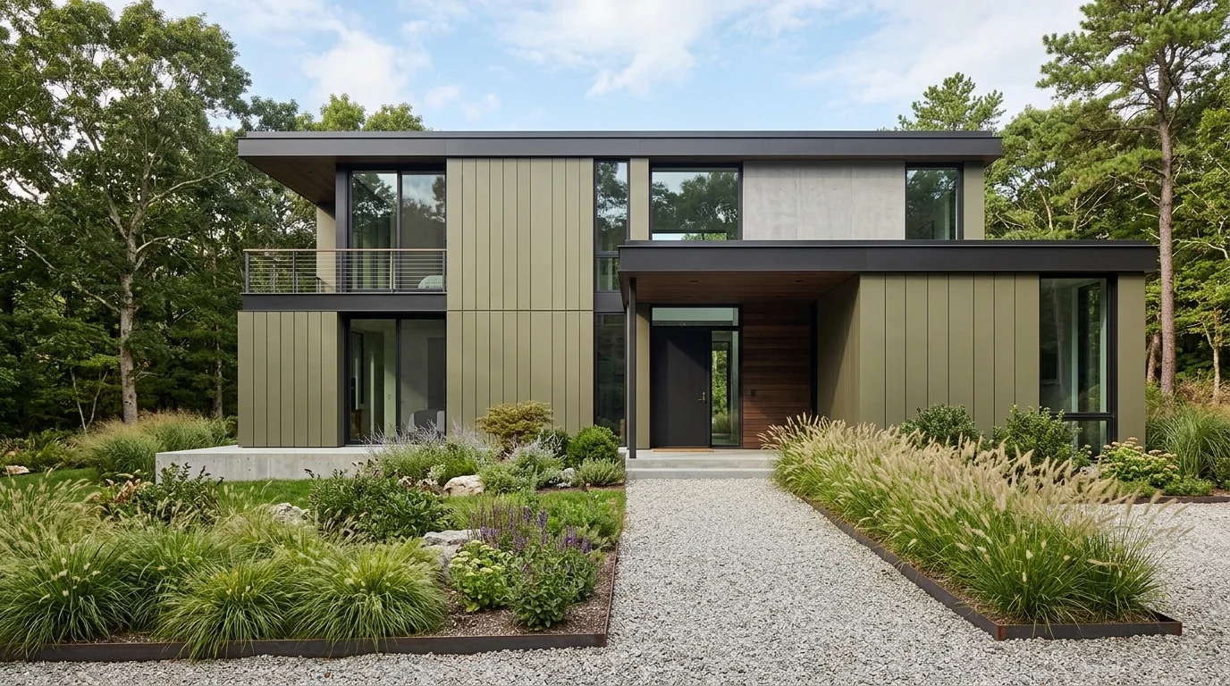 Forest green farmhouse exterior with black windows, warm wood door, and gravel drive.