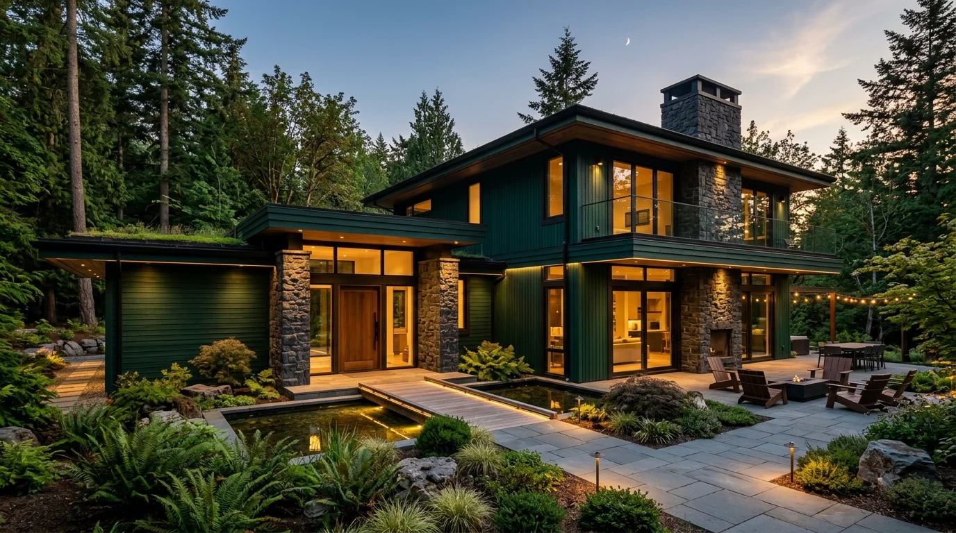 Traditional green house exterior with cream trim, symmetrical facade, and brick walkway.