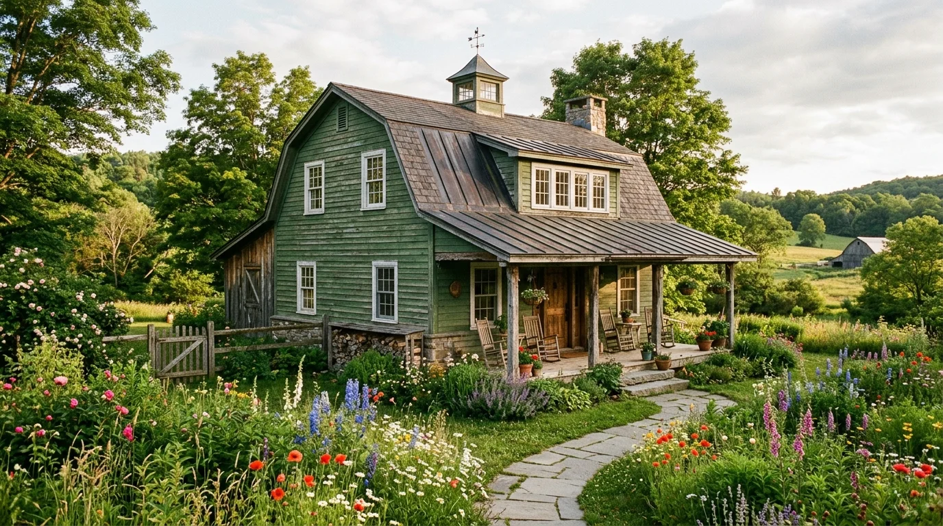 Modern house exterior in dark green with clean lines, black roof, and minimalist landscaping.