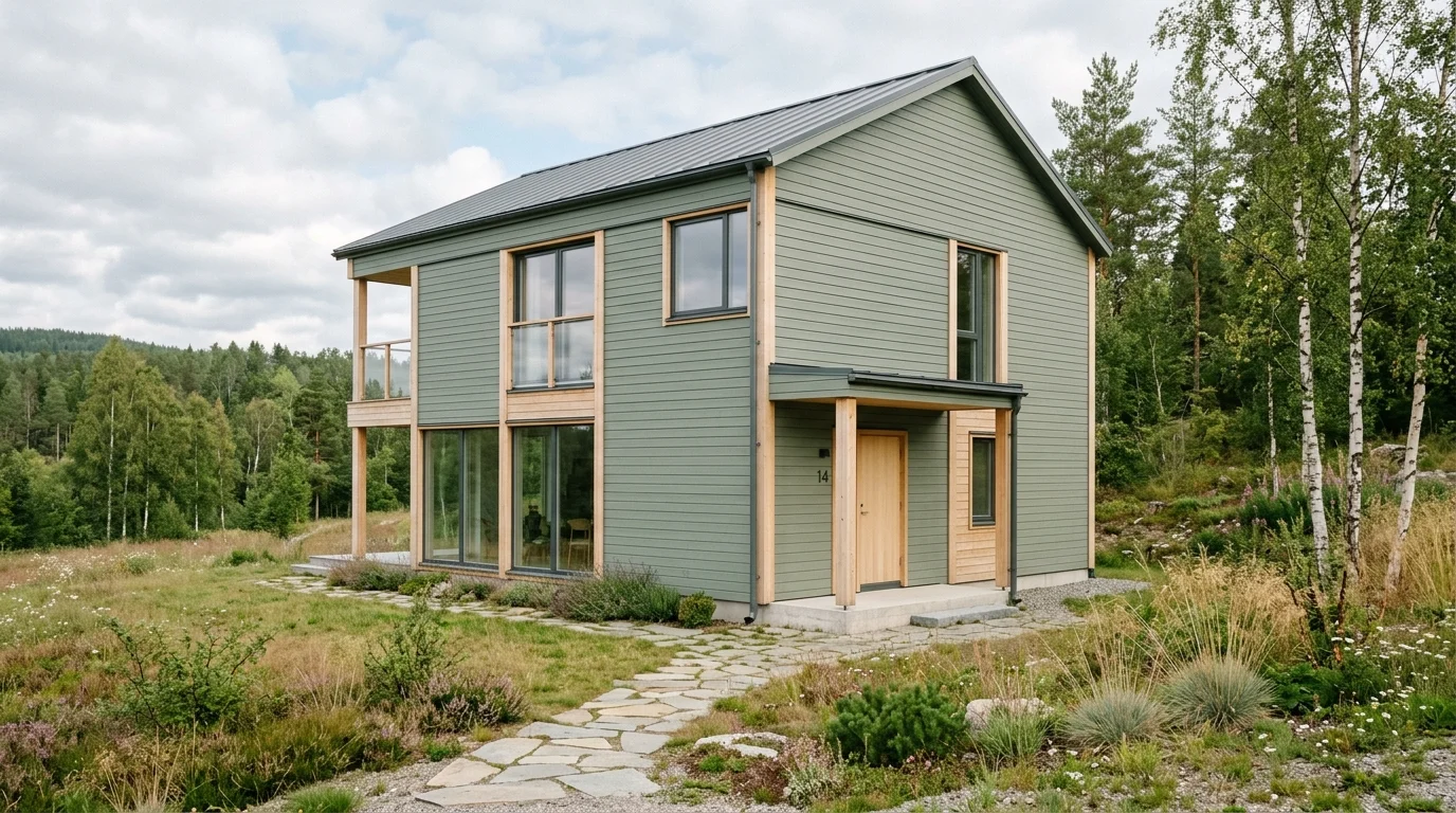 Cozy cottage exterior with green shingles, white windows, climbing flowers, and charming front steps.