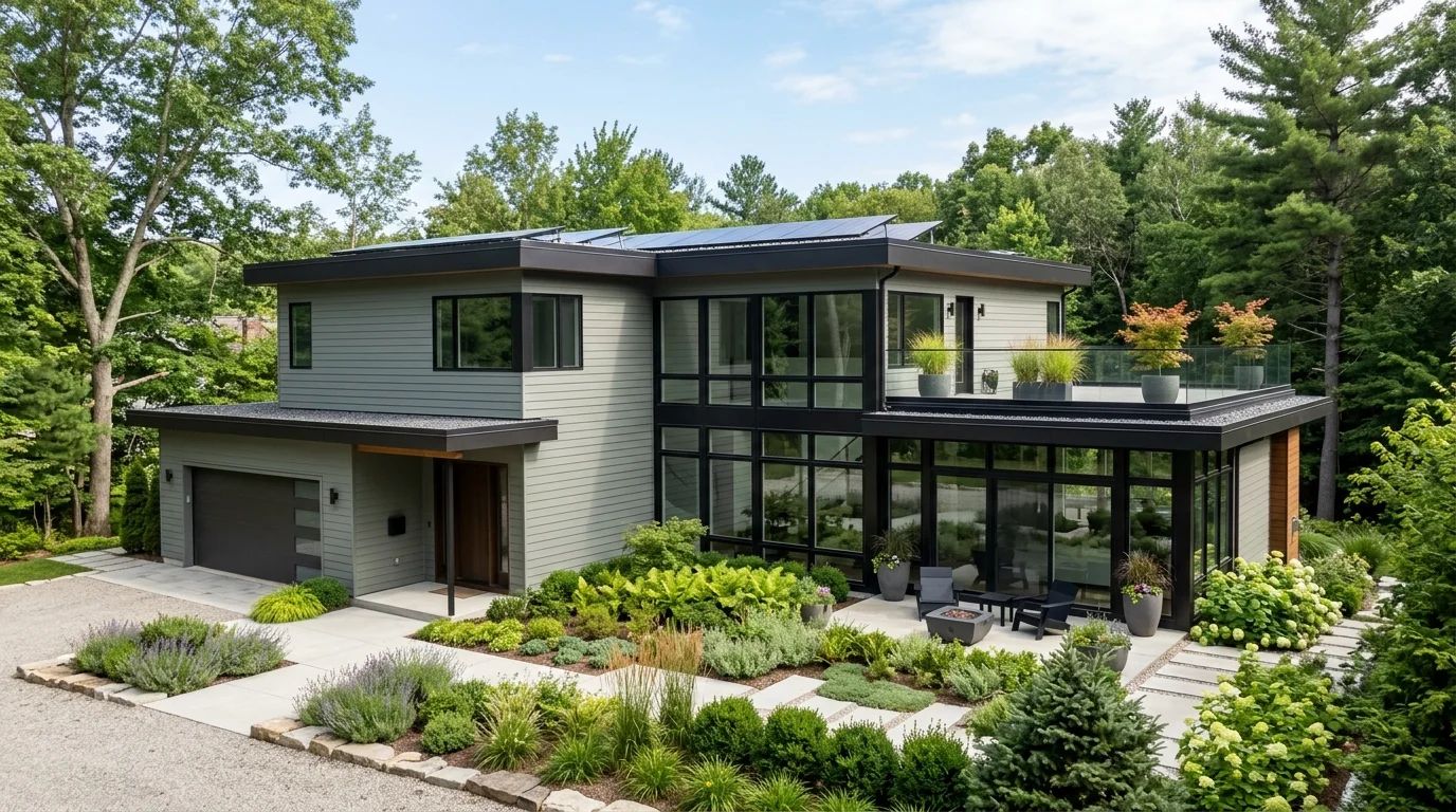 Nature-inspired home exterior with earthy green siding, cedar beams, and stone porch details.