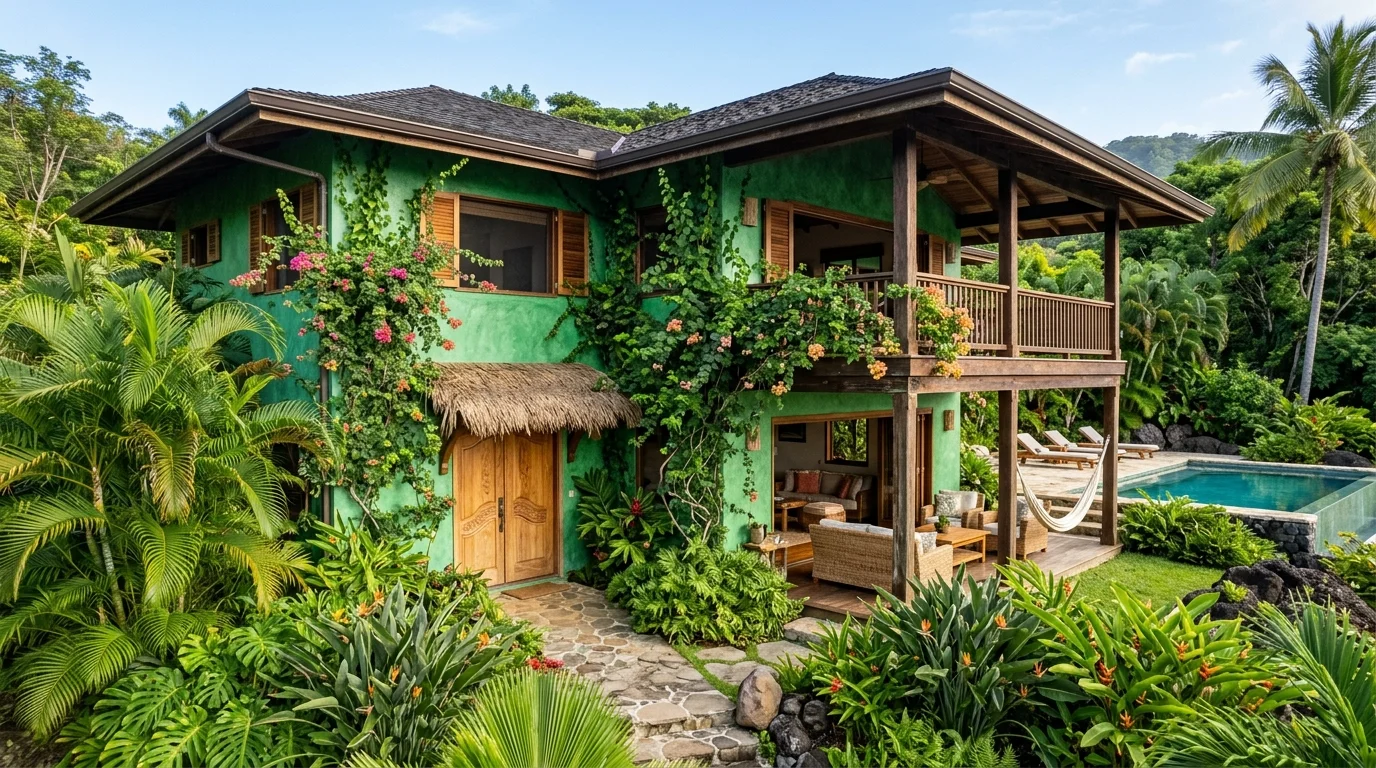 Light green coastal house exterior with airy shutters, pale trim, and breezy porch styling.