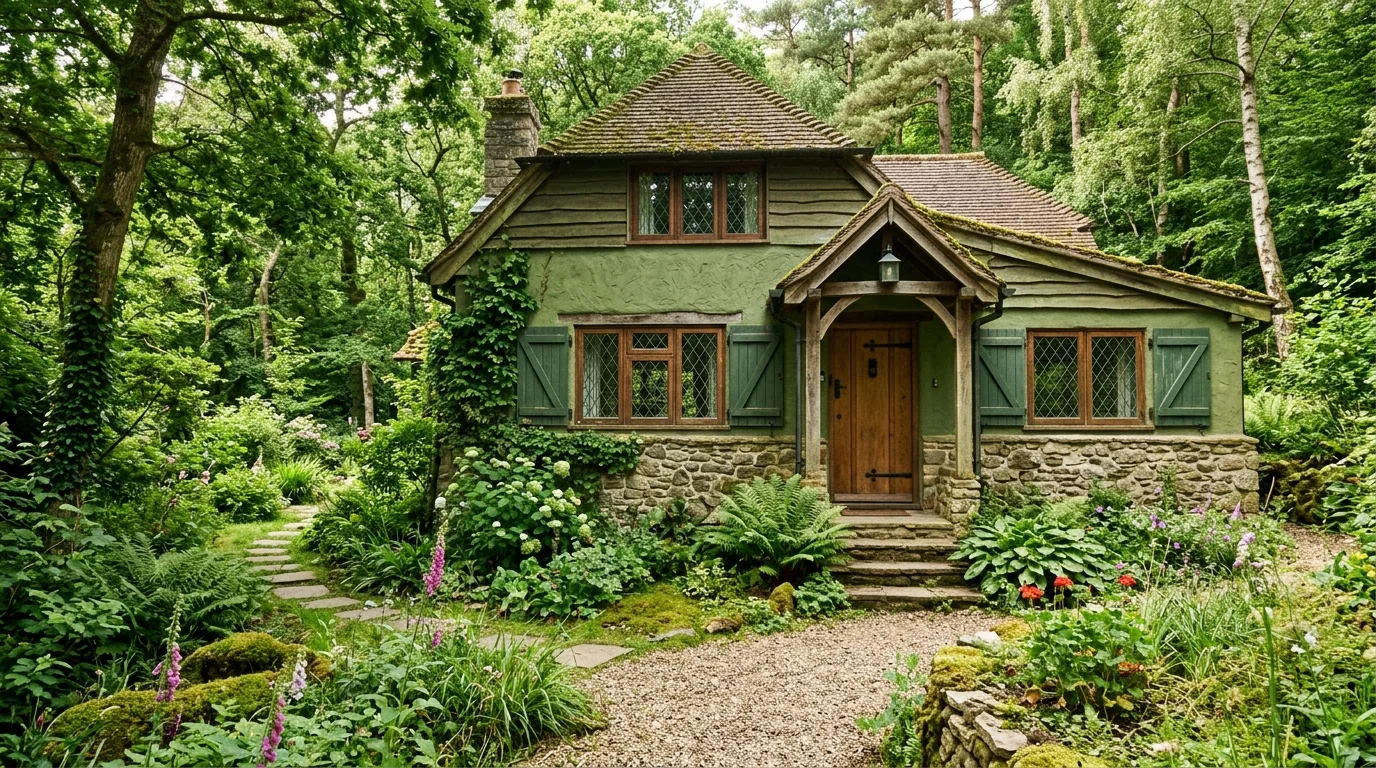 Historic home exterior painted green with dark shutters, brick steps, and mature landscaping.