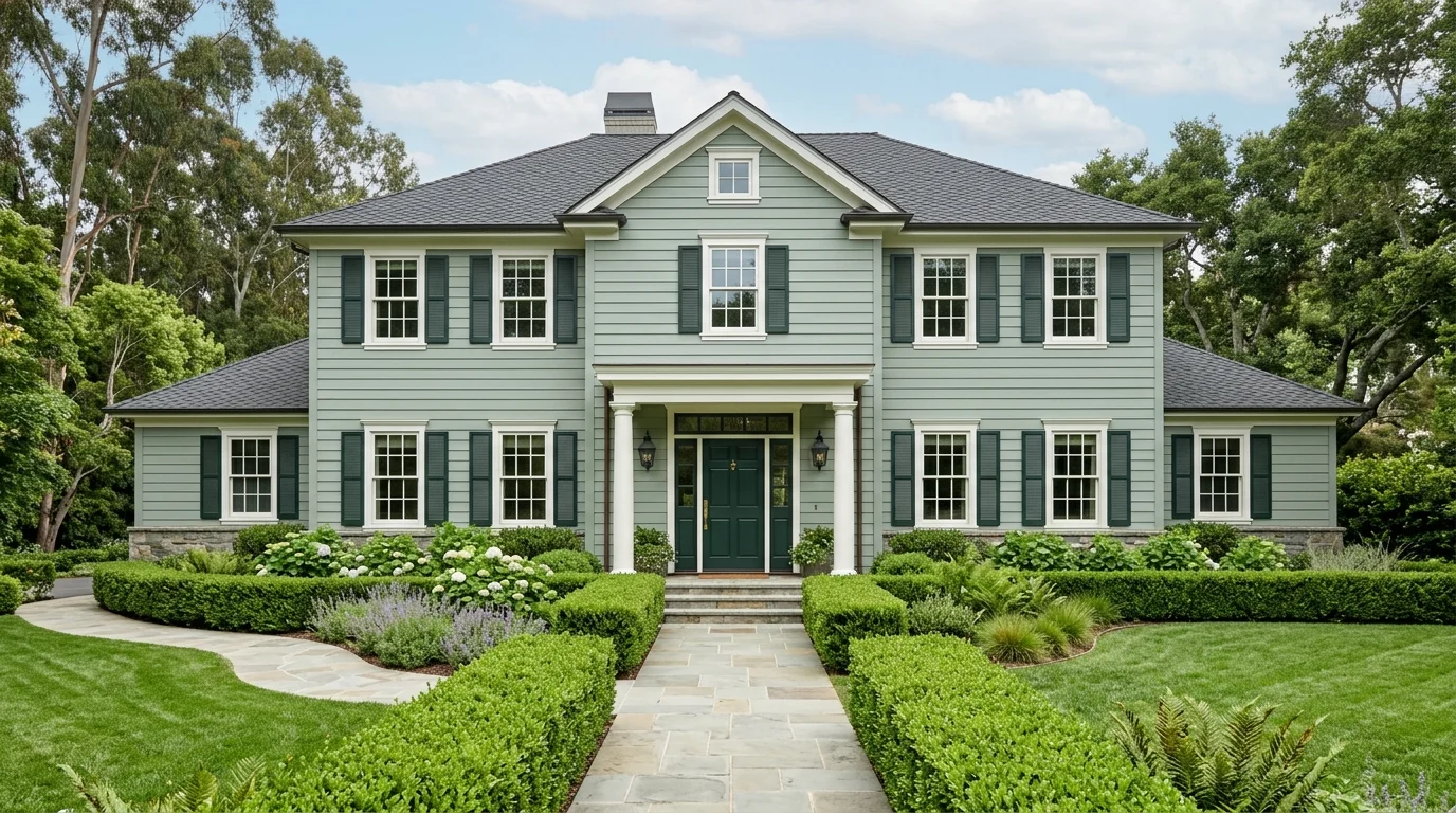 Green cabin exterior with timber beams, black windows, and wooded surroundings.