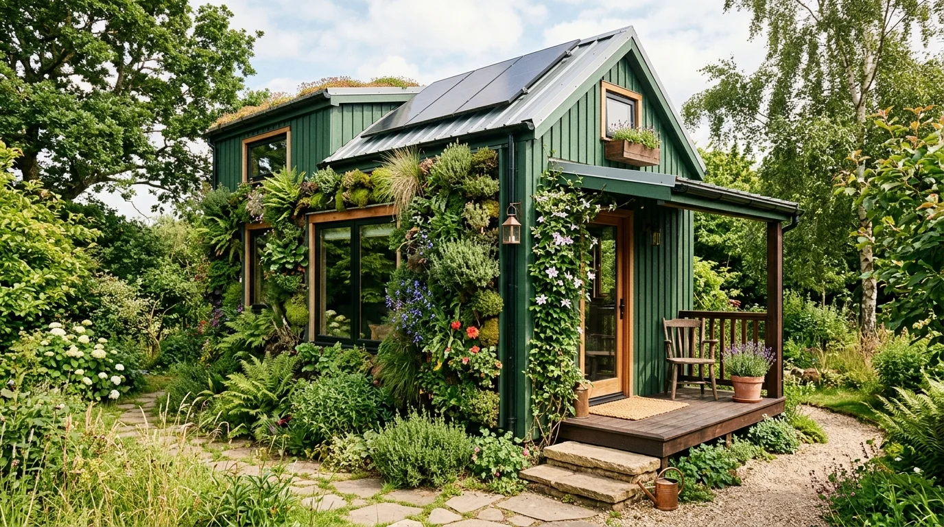 Elegant green house exterior with copper lanterns, muted trim, and upscale landscaping.