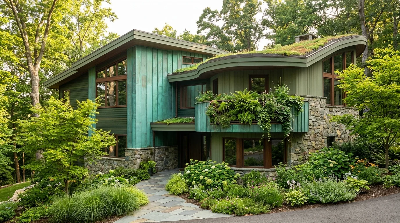 Green exterior home with white trim, black door hardware, and potted plants on front porch.