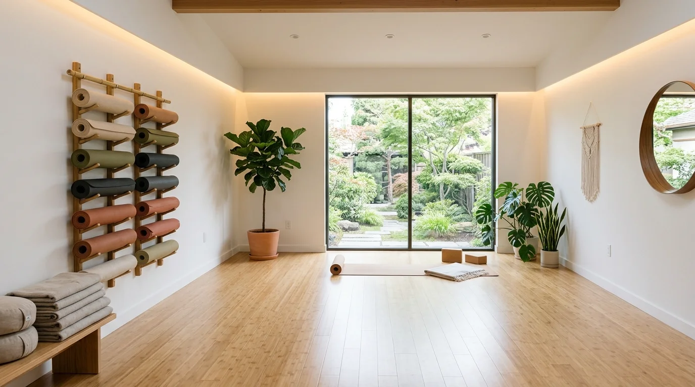 Minimalist yoga room with white walls, bamboo floor, wall-mounted mat rack, plants, and soft indirect lighting.