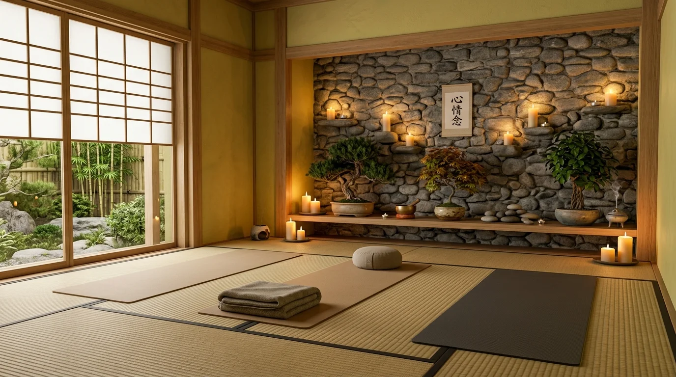 Zen-inspired yoga room with tatami-style mats, stone wall, bonsai plants, and warm candlelight.