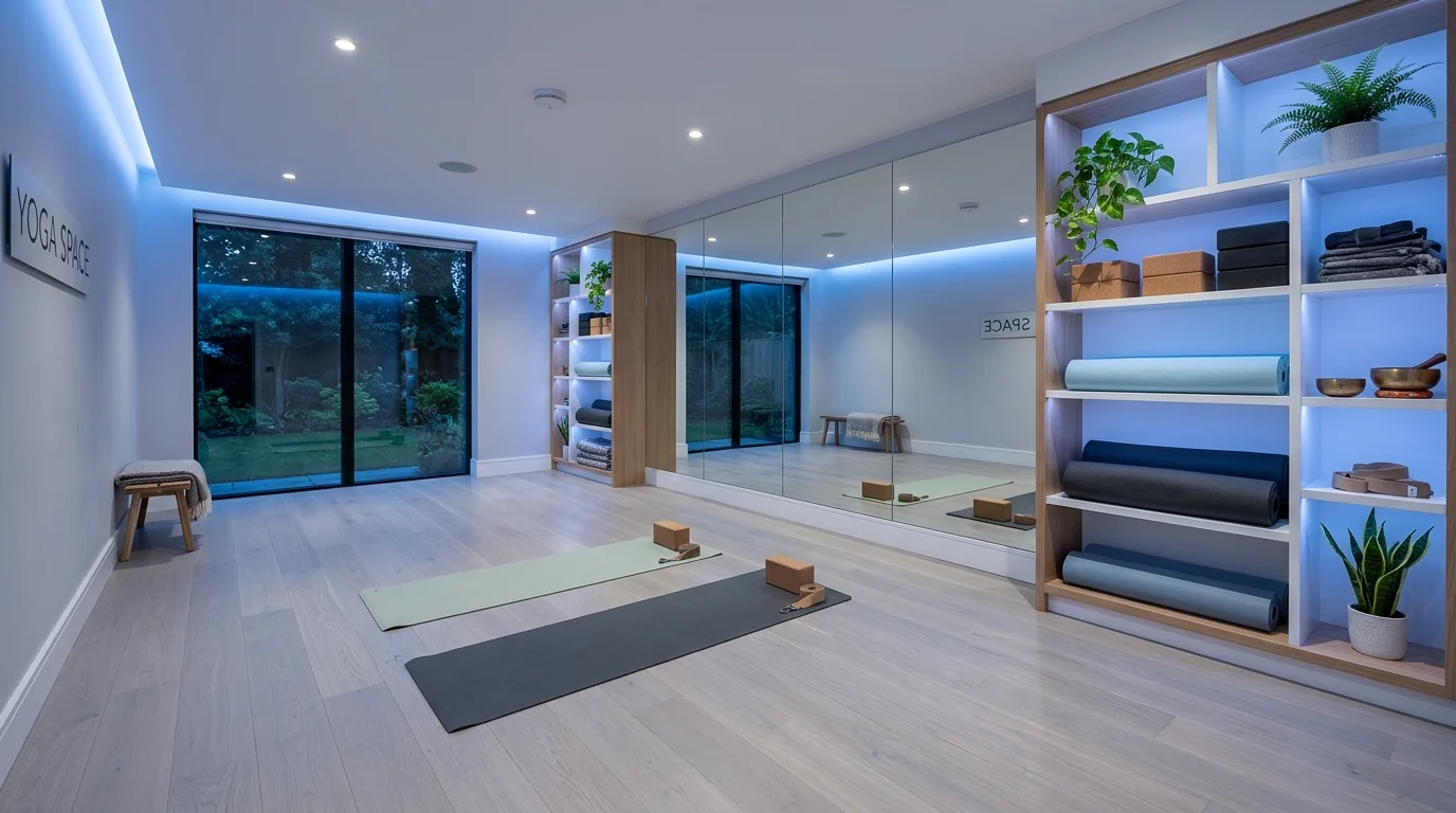 Modern home yoga studio with mirrored wall, gray flooring, built-in prop shelves, and soft blue lighting.