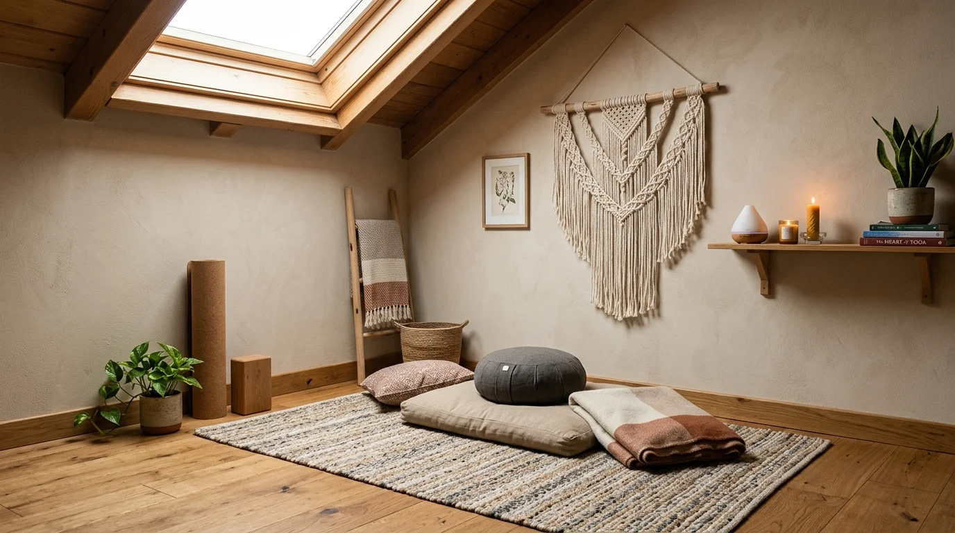 Cozy yoga corner with wood floor, beige walls, woven rug, meditation cushions, and skylight glow.