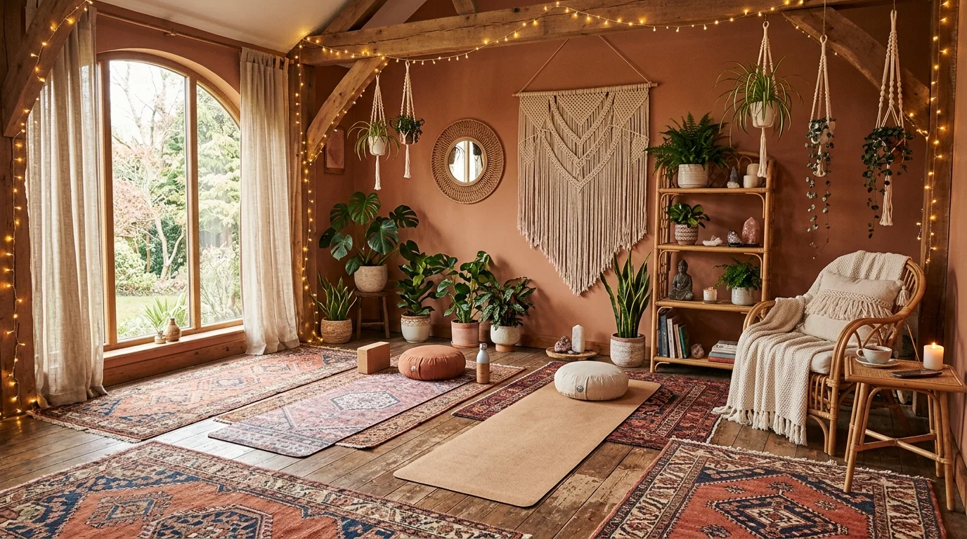 Bohemian yoga room with patterned rugs, hanging plants, rattan accents, fairy lights, and earthy tones.