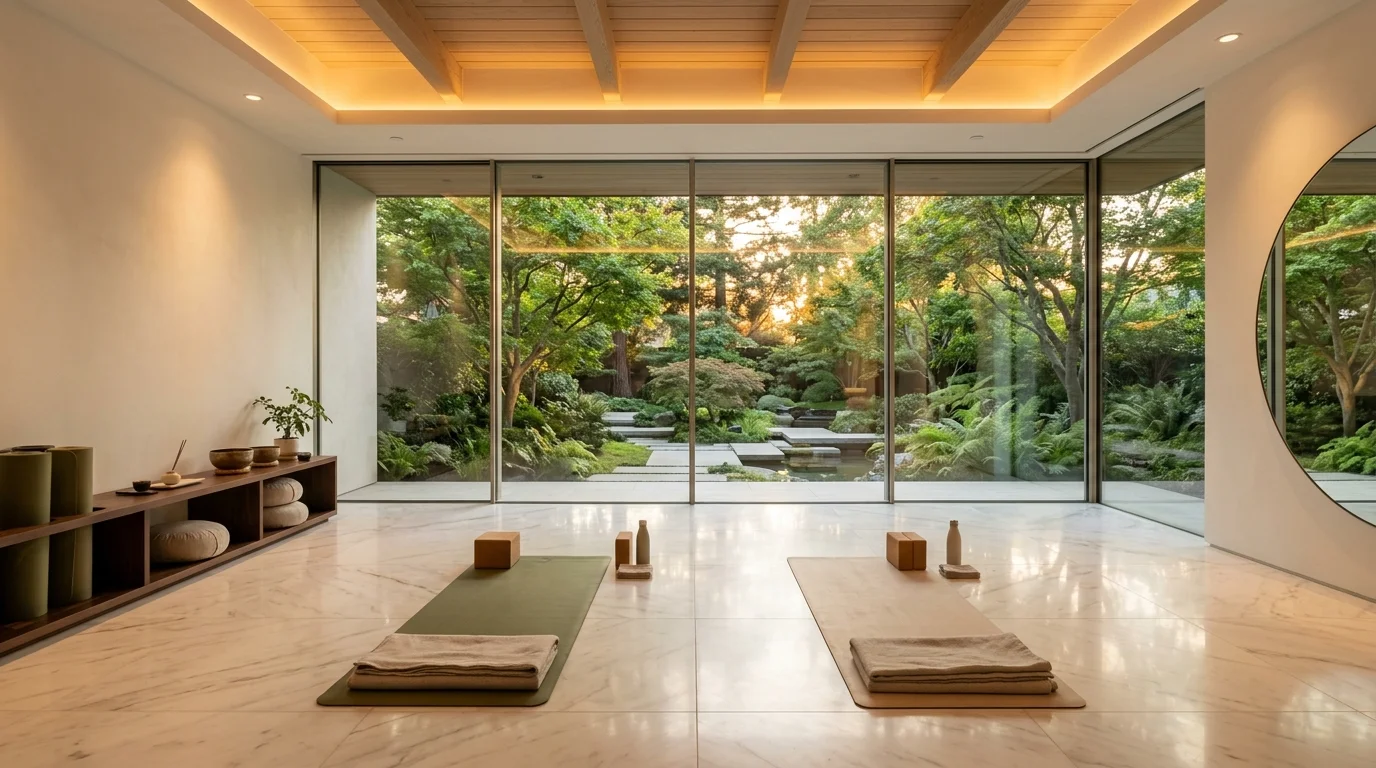 Luxury home yoga studio with marble floor, glass walls, garden view, and elegant soft golden light.