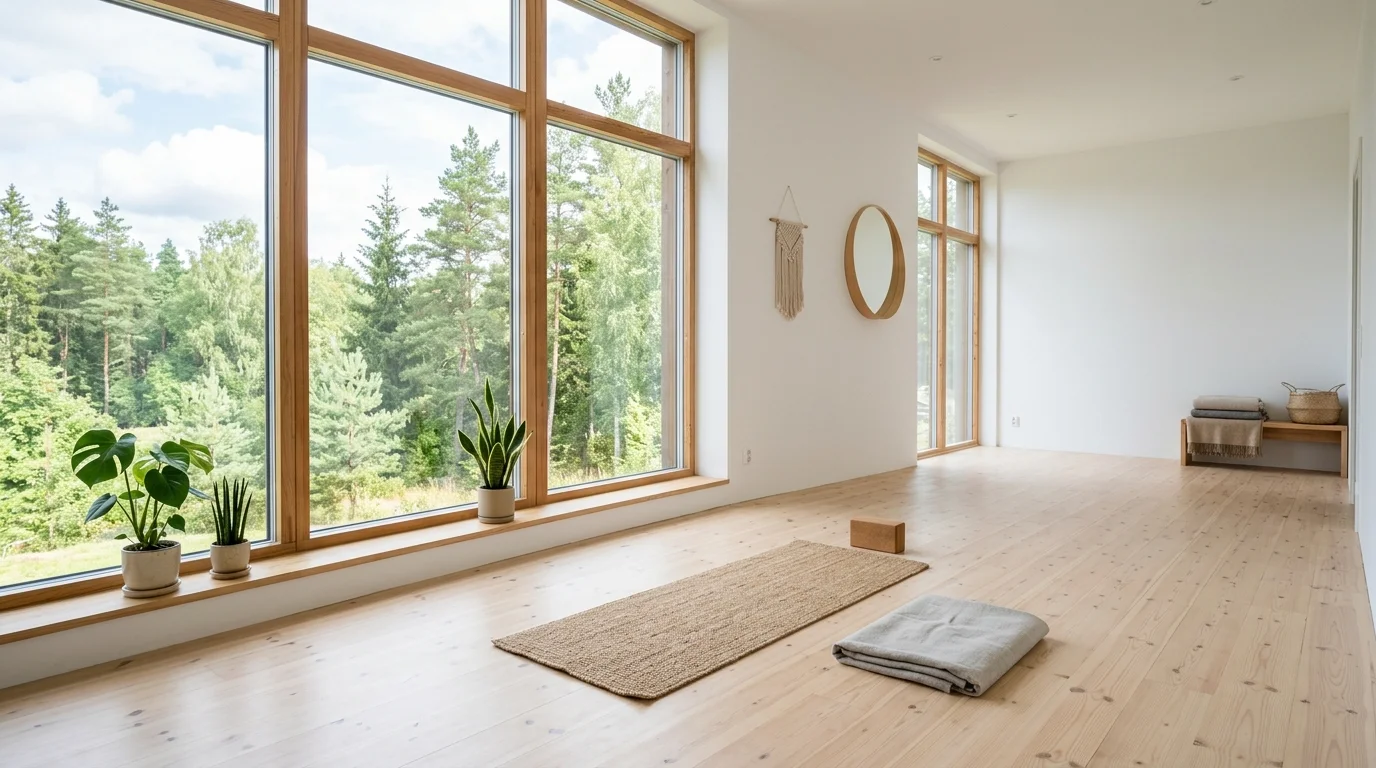 Scandinavian yoga room with white walls, pine flooring, simple mat setup, and bright daylight.