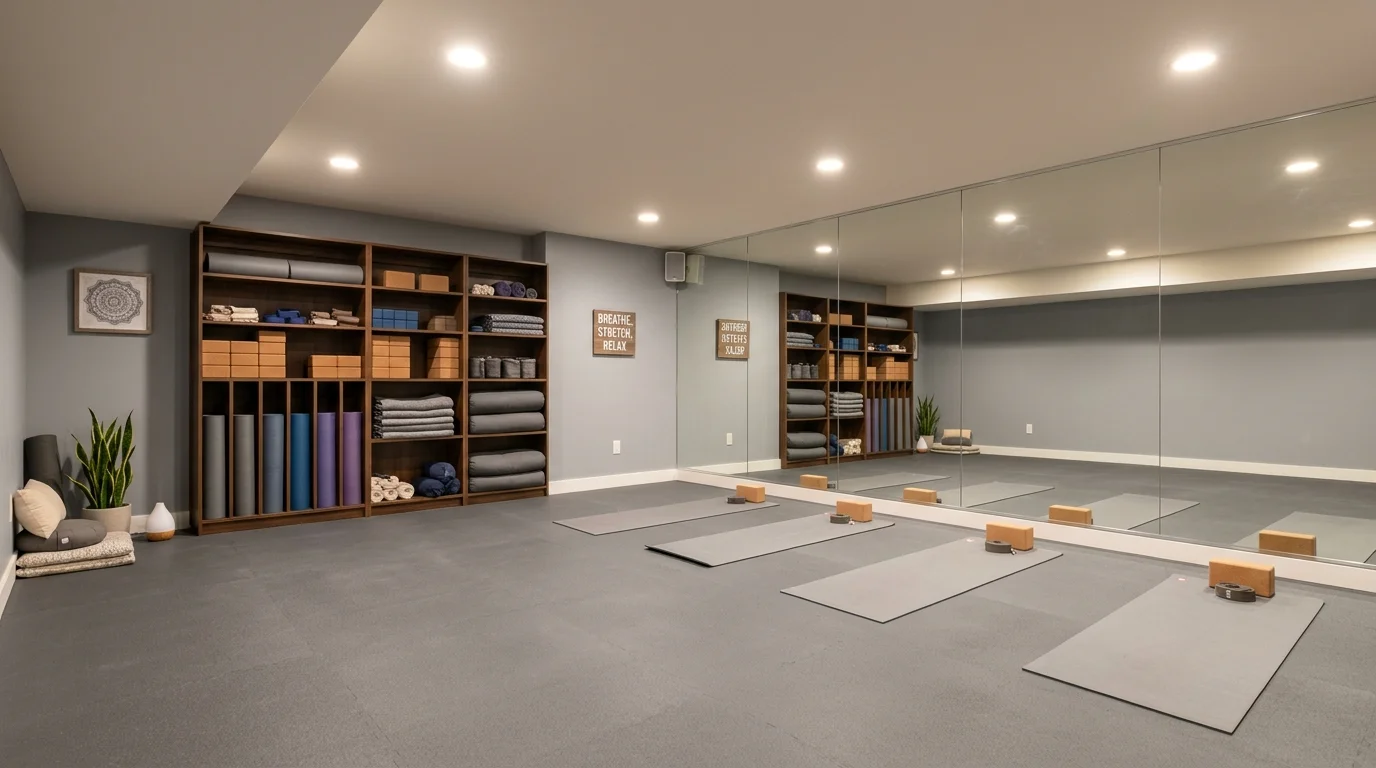 Basement yoga studio with rubber floor, mirrors, recessed lights, gray palette, and organized prop storage.