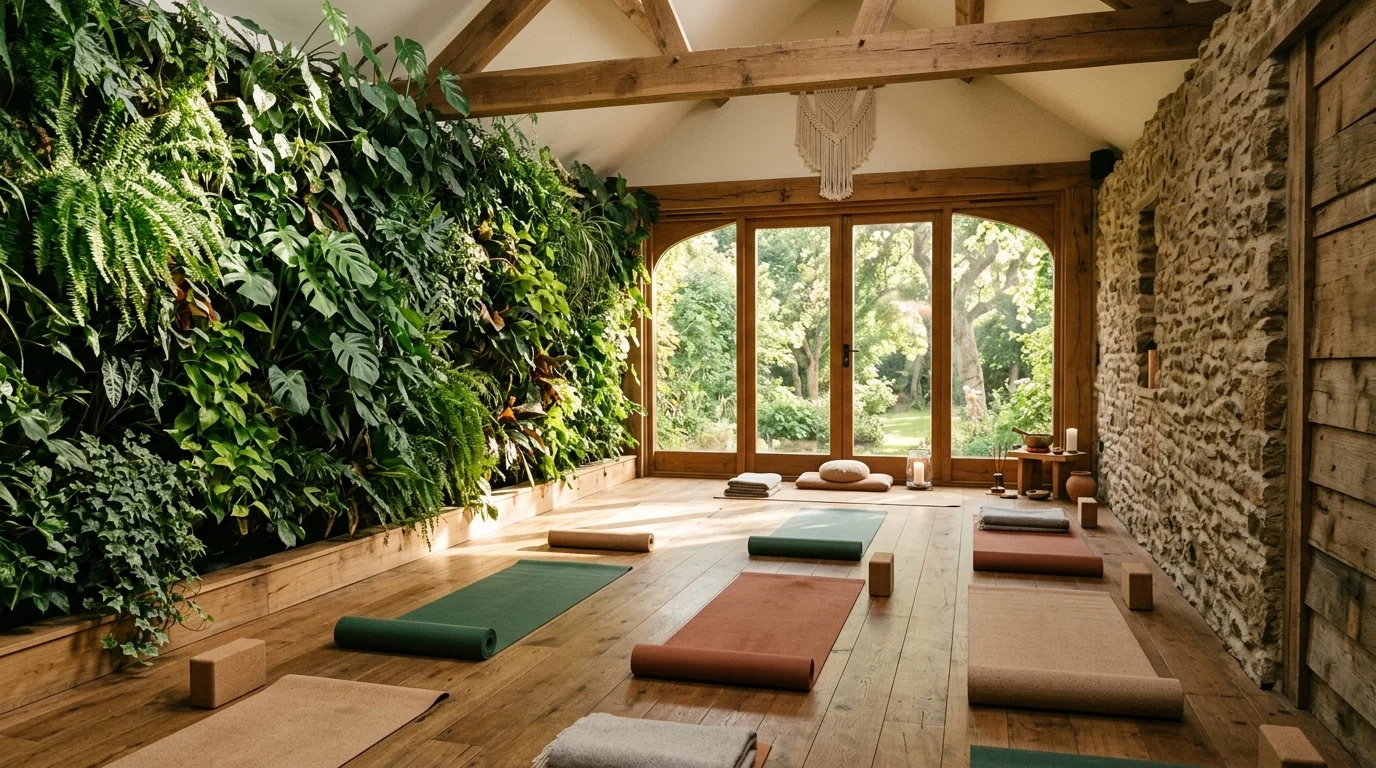 Nature-inspired yoga room with indoor greenery wall, wood accents, stone textures, and filtered sunlight.