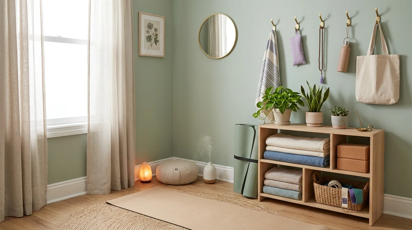 Small apartment yoga nook with foldable mats, compact shelves, wall hooks, pastel tones, and soft diffused light.
