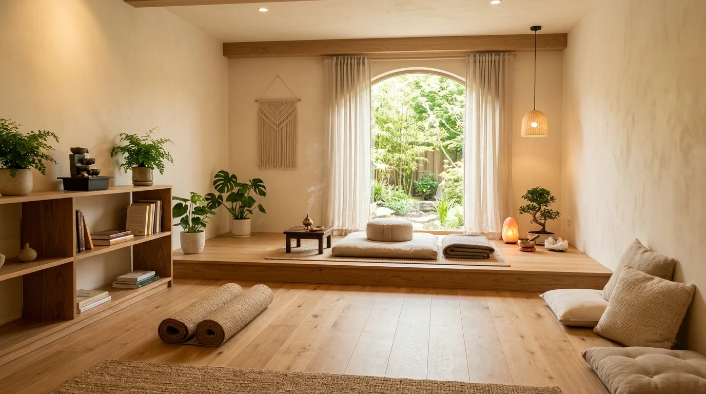 Elegant meditation and yoga room with cream tones, floor cushions, low platform, subtle lighting, and spa-like calm.