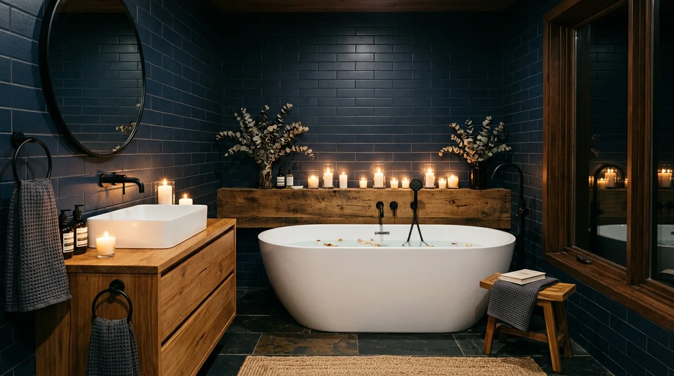 Moody blue bathroom with navy tile walls, white soaking tub, black fixtures, and candlelight.