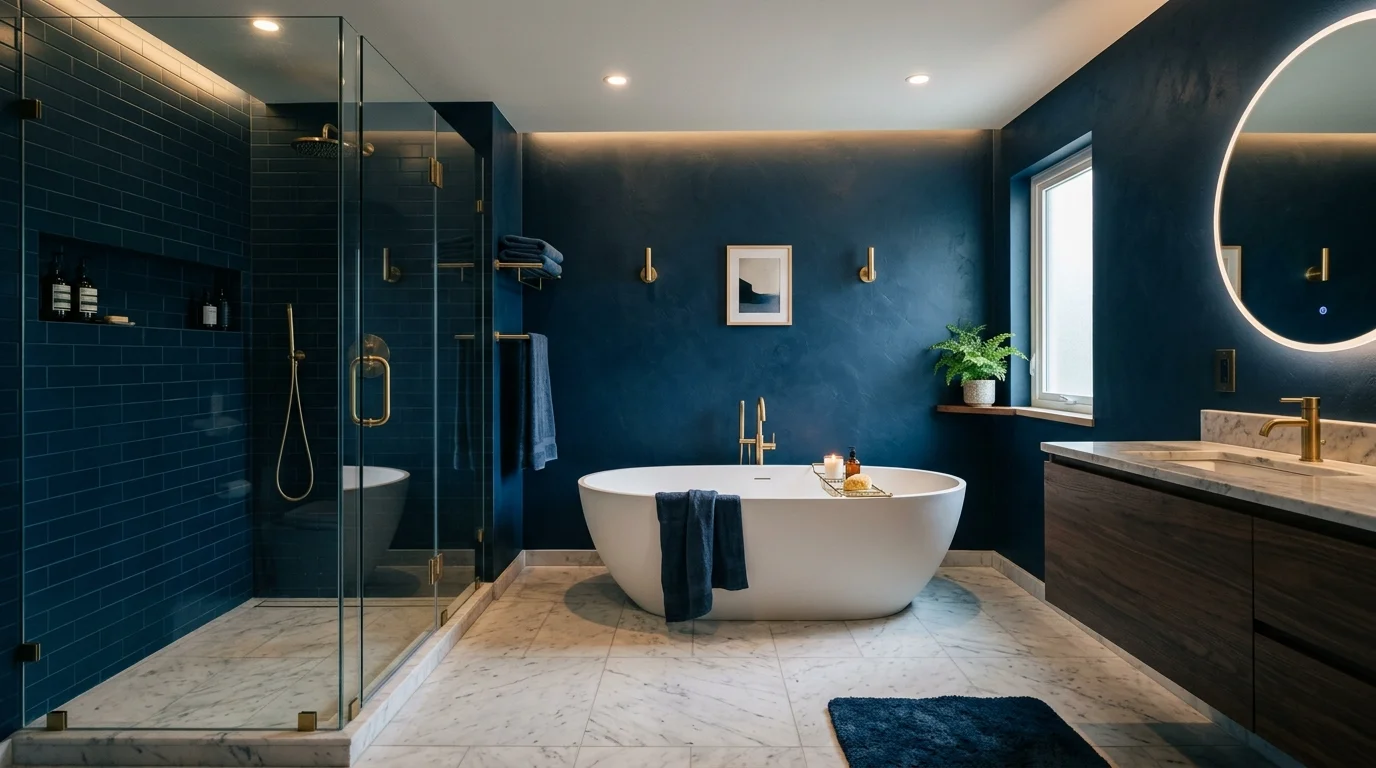 Modern moody blue bathroom with midnight walls, marble floor, glass shower, and recessed lighting.