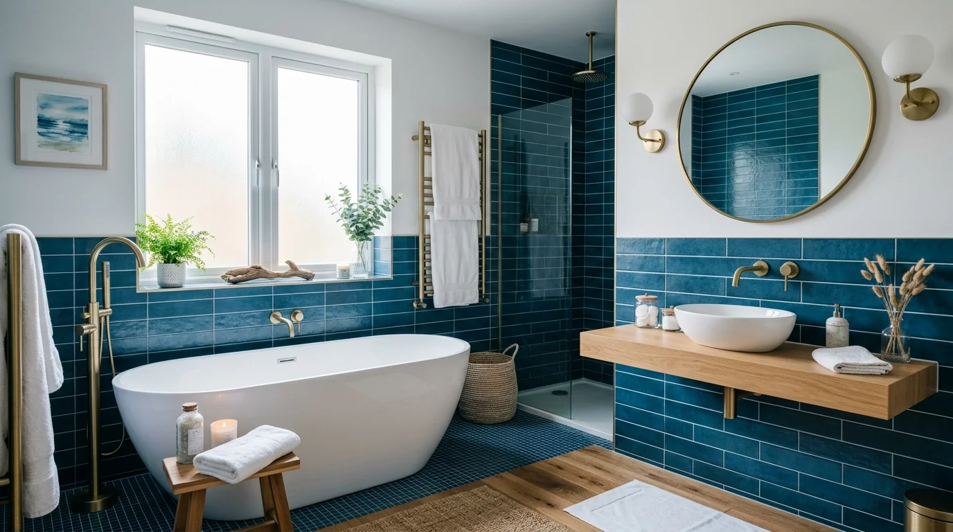 Coastal-inspired blue bathroom with ocean-toned tile, brass fixtures, white tub, and filtered daylight.