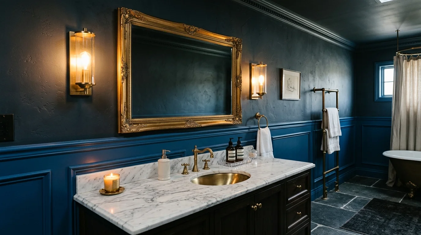 Elegant moody bathroom with sapphire wainscoting, gold mirror, marble vanity, and wall sconces.