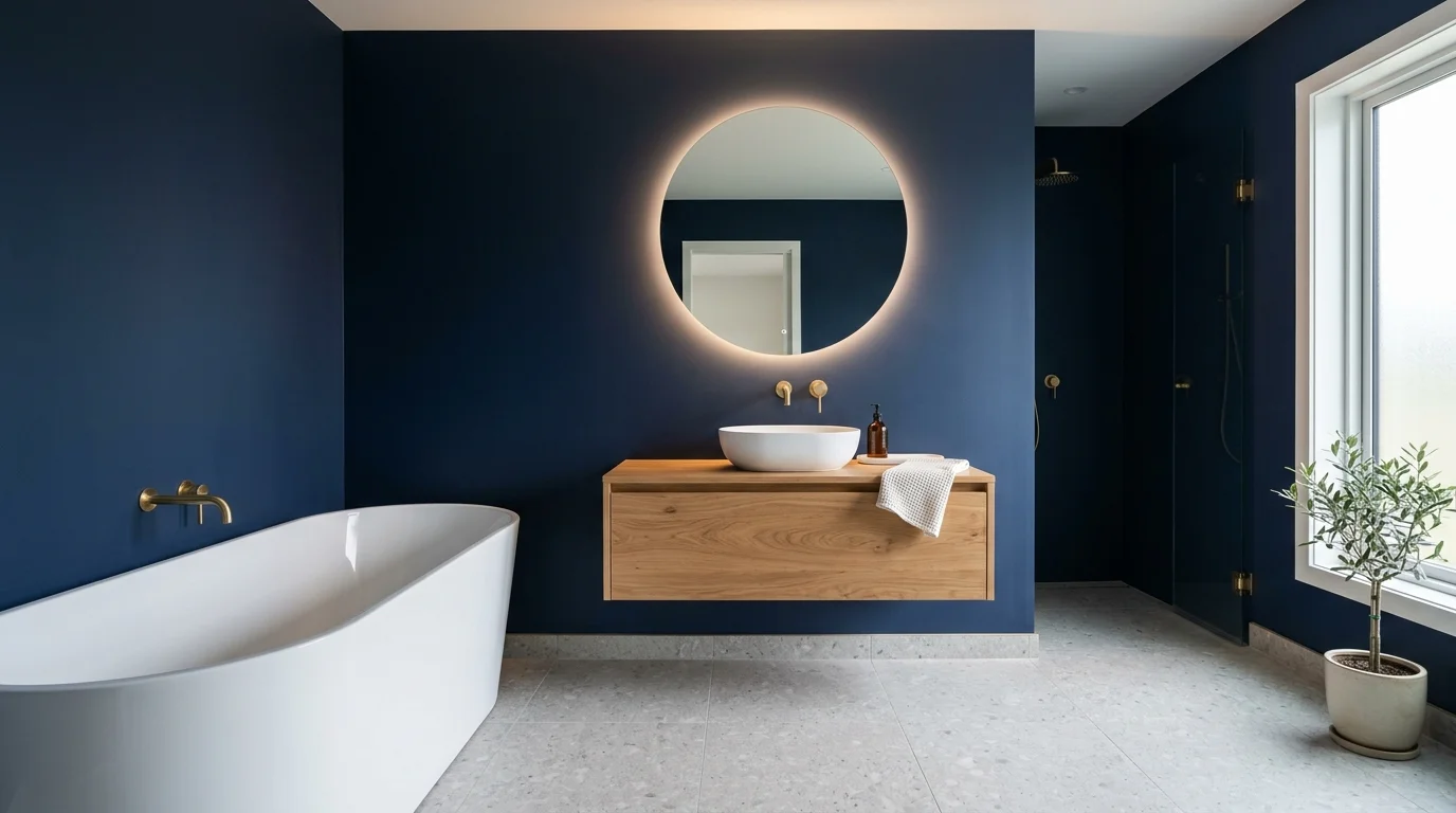 Minimal dark blue bathroom with navy walls, white tub, floating wood vanity, and indirect light.