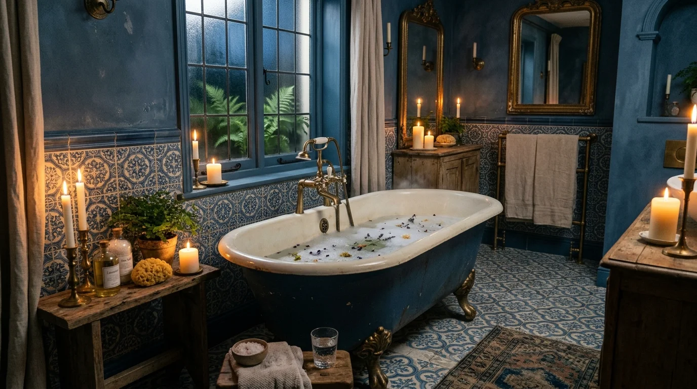 Vintage-style moody bathroom with patterned blue tile, clawfoot tub, brass fixtures, and candlelight.