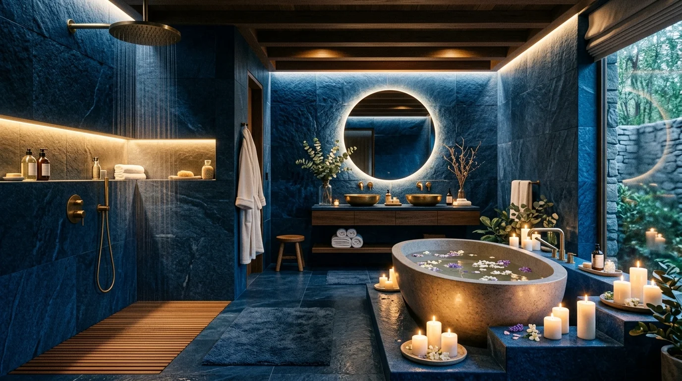 Luxury spa bathroom with deep blue stone walls, rainfall shower, tub, and glowing LED accents.