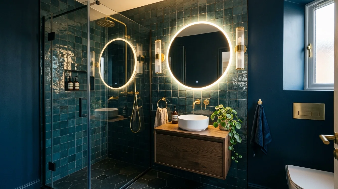 Small moody blue bathroom with teal accent tile, compact shower, mirror lighting, and intimate calm.
