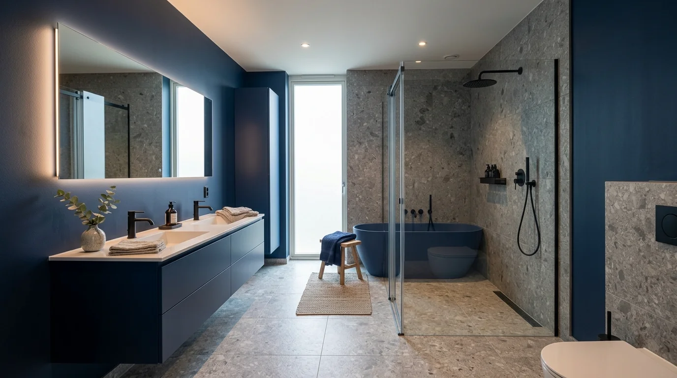 Contemporary navy bathroom with sleek cabinetry, large stone tile, and soft ambient lighting.