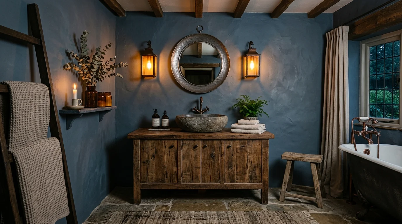 Rustic moody bathroom with blue-gray walls, reclaimed wood vanity, stone sink, and lantern-like light.