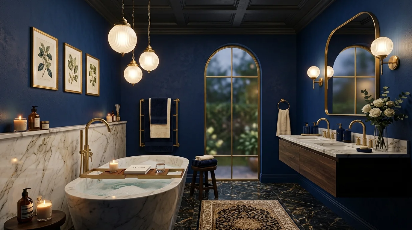 Luxury dark blue bathroom with cobalt walls, gold fixtures, marble surround, and glowing pendant lights.
