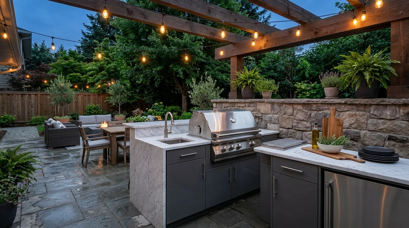 Modern outdoor kitchen with built-in grill, marble island, storage cabinets, and string lights overhead.