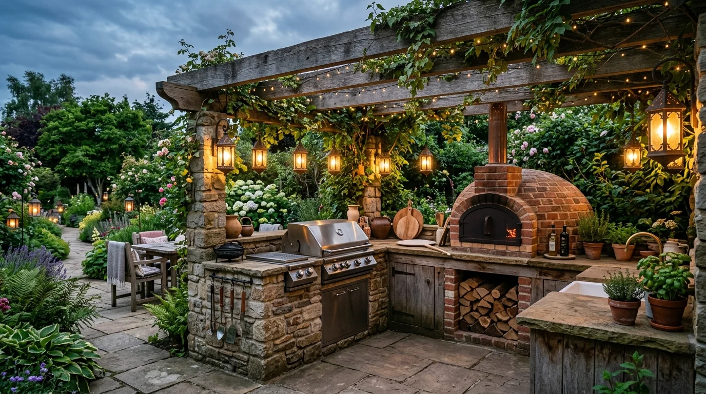 Rustic outdoor kitchen with stone grill station, brick pizza oven, wood pergola, and lantern light.
